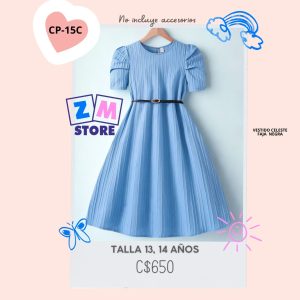 Vestido celeste con faja.–CP-15C