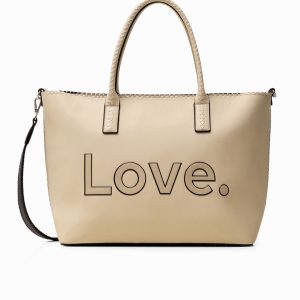DESIGUAL – Bolso Bandolera Grande Mujer de Hombro Alola Holbox Crudo Beige Mensaje LOVE – Elegante y Versátil